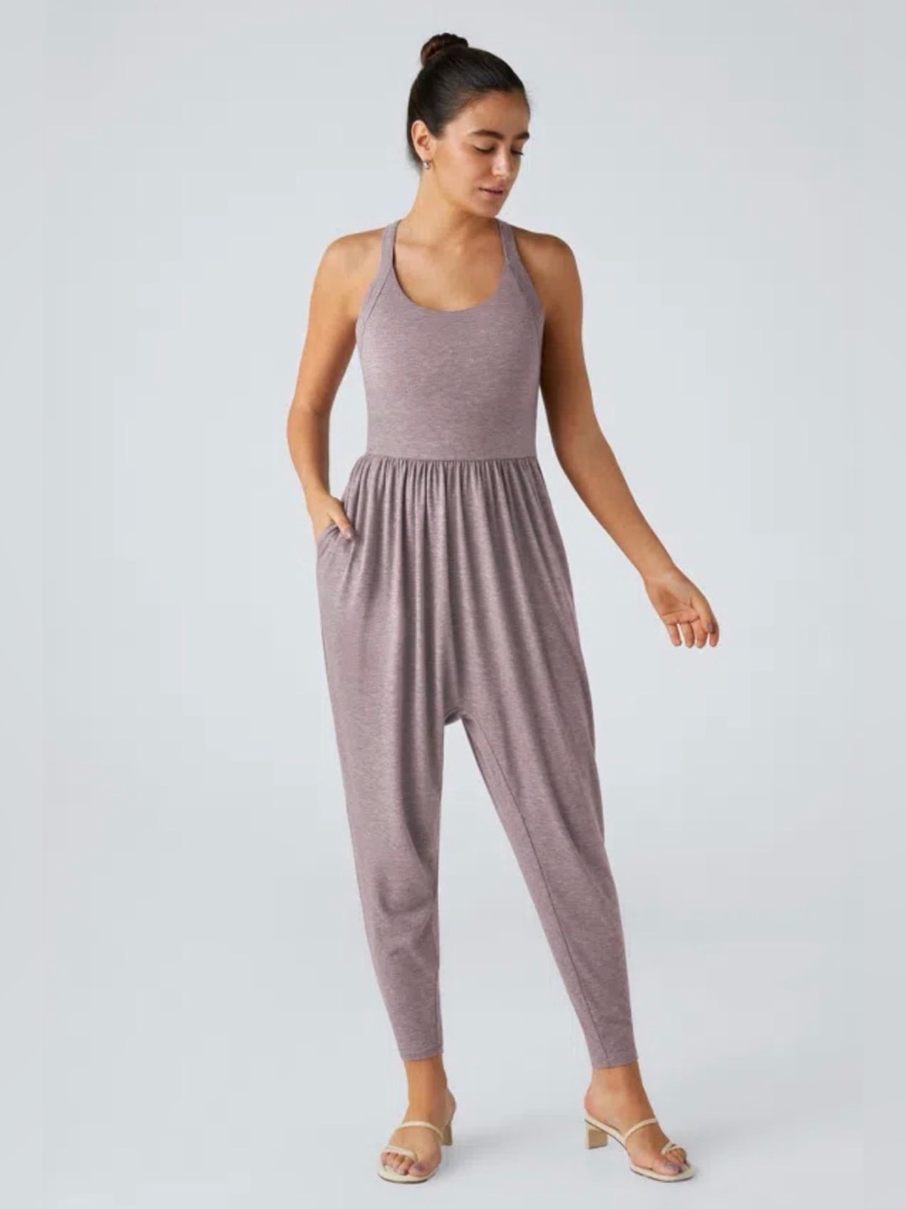 HALARA Mauve Sleeveless Racerback Jumpsuit Deep Tea Brown Floral Yarn Color